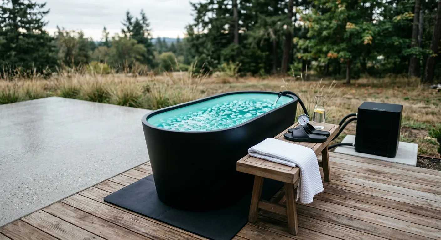A rigid cold plunge barrel tub on a clean concrete patio, chiller hoses connected, step stool alongside, set up and ready for a first plunge session