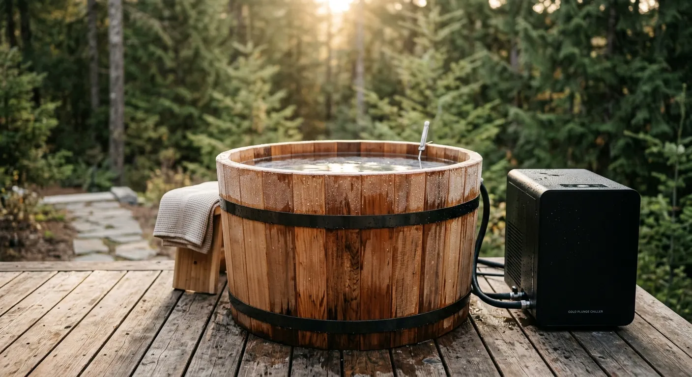 Cedar barrel cold plunge tub on a wooden deck at dawn with a chiller unit beside it